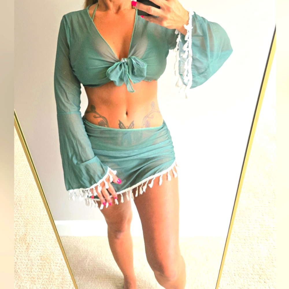 Pg5 #17 Green 4pc Bikini W/Cover-Up Sheer Set with Tassels